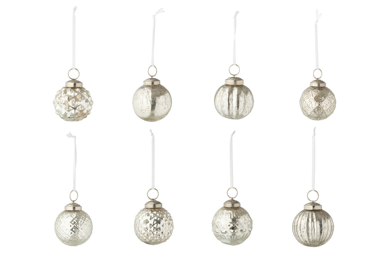 Doos van 40 kerstballen 8 patronen glas zilverkleurig