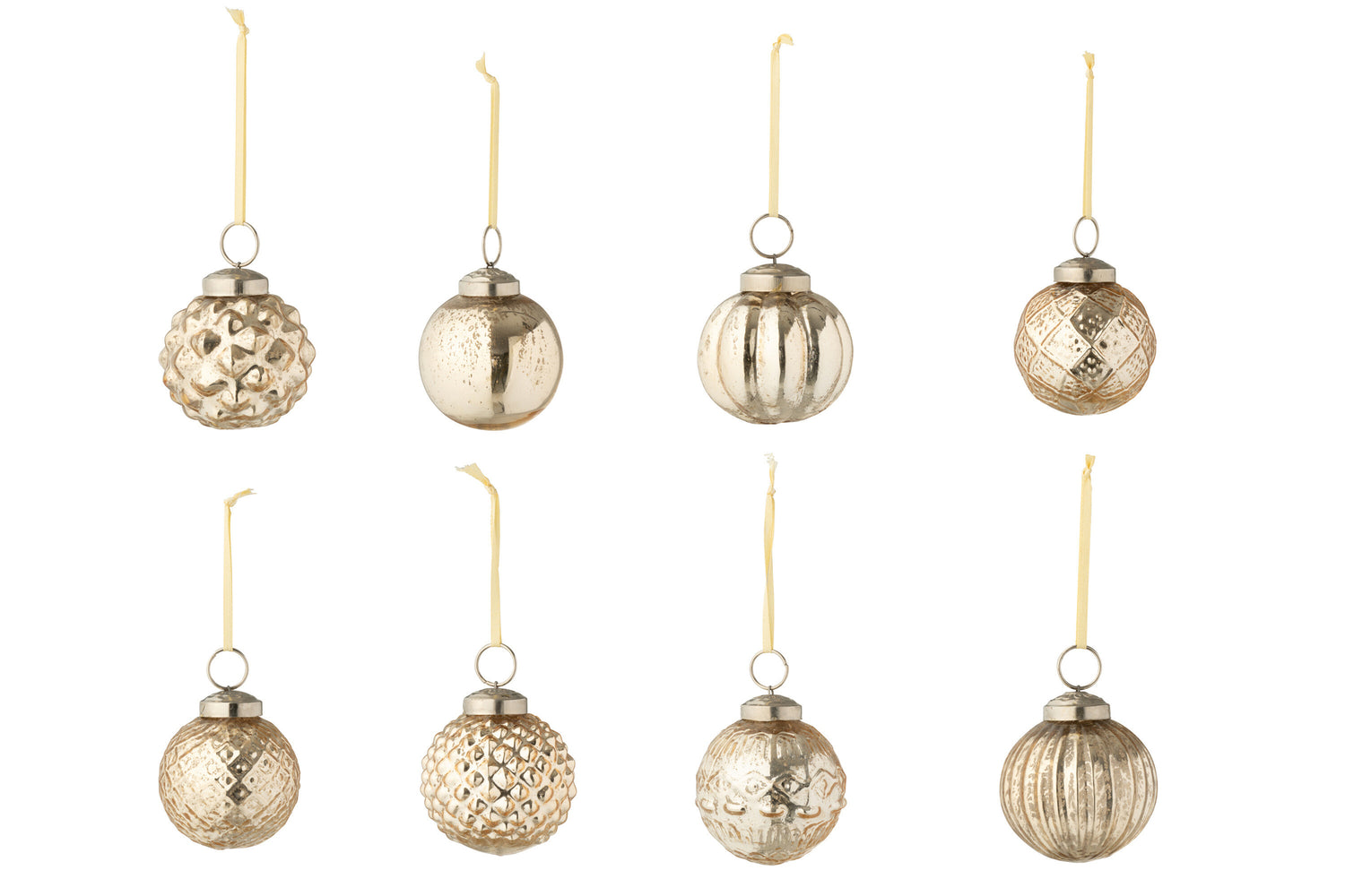 Doos van 40 kerstballen 8 patronen glas goudkleurig