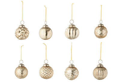 Doos van 40 kerstballen 8 patronen glas goudkleurig