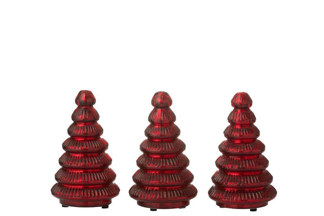 Doos van 3 boom led-geribbeld glas Kerst rood