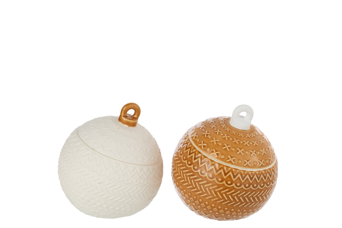 Pot Decoratieve Kerstbal Porselein Wit/Mosterdgeel Assortiment Van 2