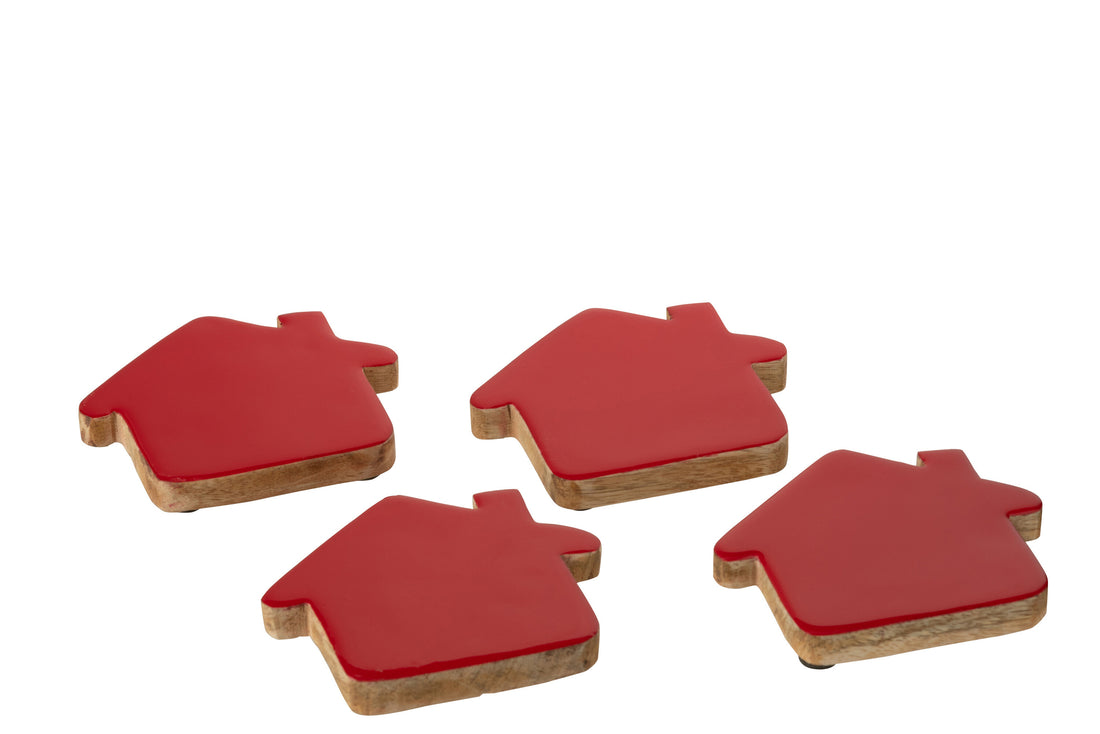 Set van 4 onderzetters Huis Mangohout Kerst Rood/Natuurlijk