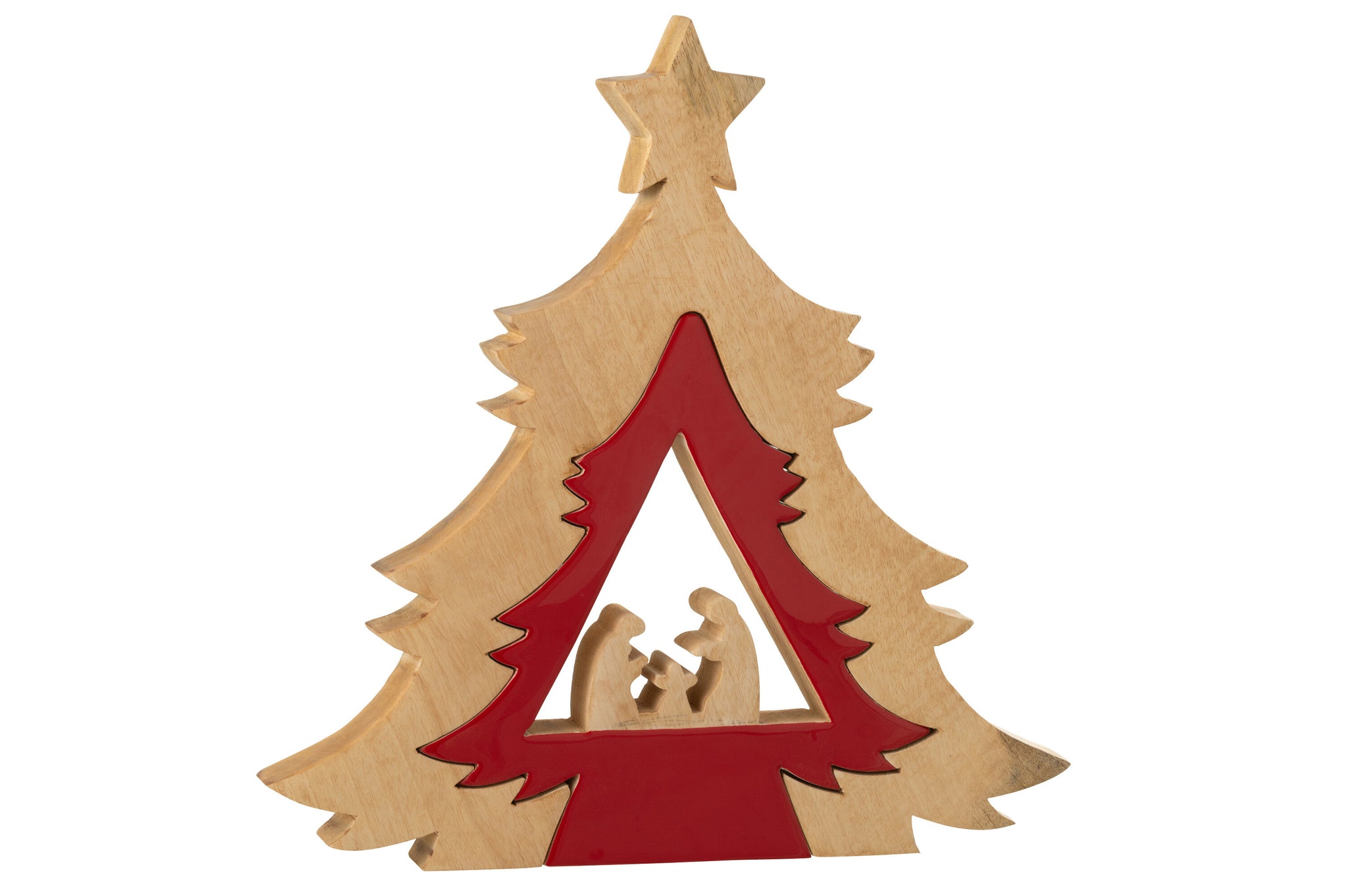 Kerststal in boom + ster mangohout kerst rood/natuurlijk