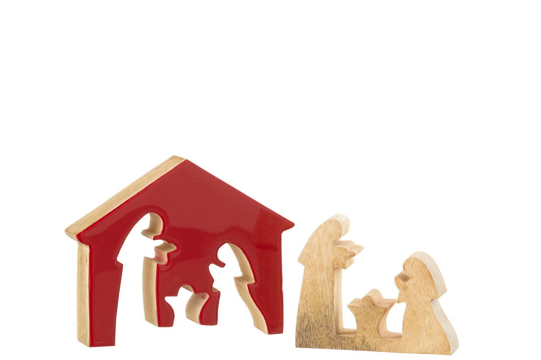 Kerststal in huis Mangohout Kerst Rood/Natuurlijk Medium