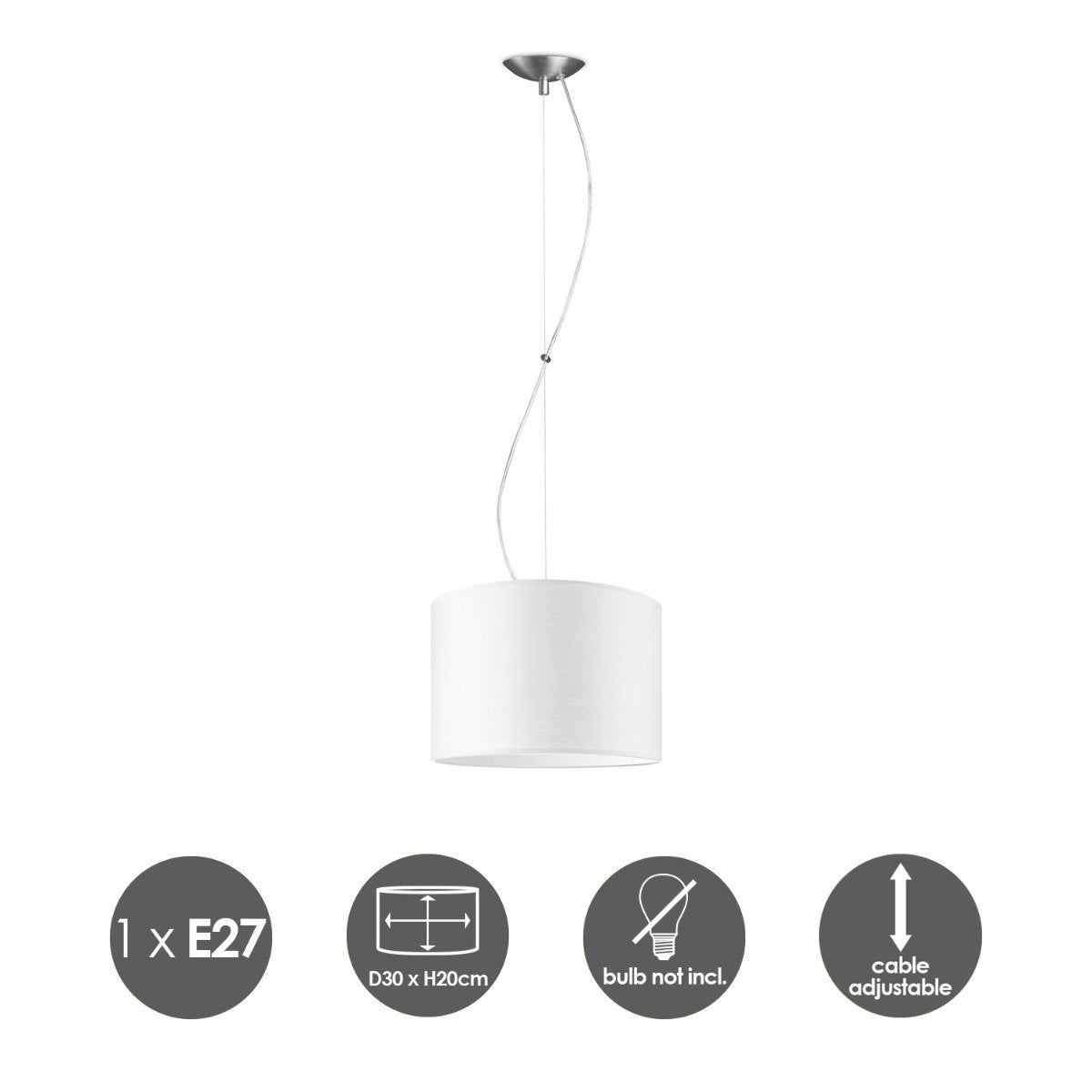 hanglamp Deluxe met lampenkap, E27, wit, 30cm