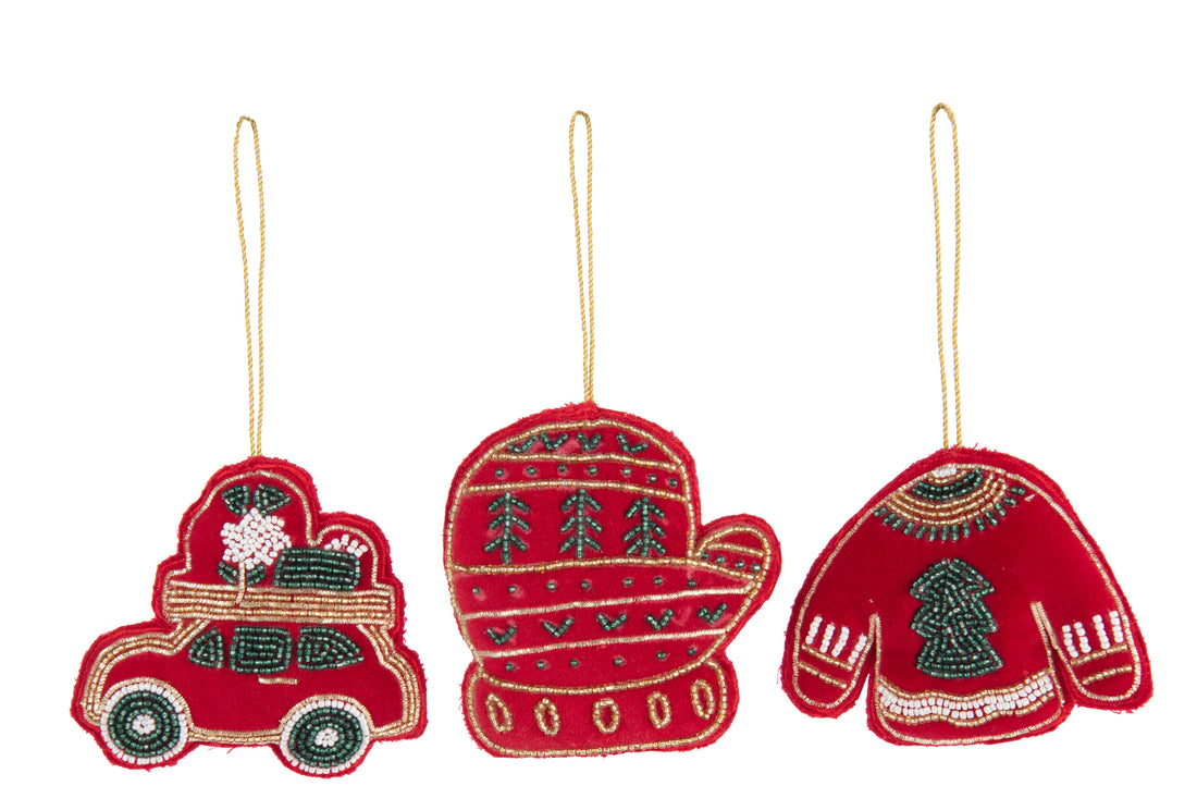 Hanger Auto/Mof/Trui Kralen/Fluweel Kerst Rood Assortiment Van 3