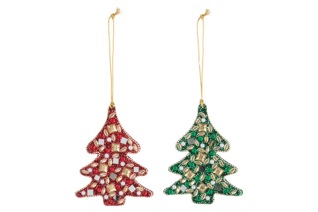 Hanger Kerstboom Kralen/Mdf Kerst Rood/Smaragdgroen Assortiment Van 2