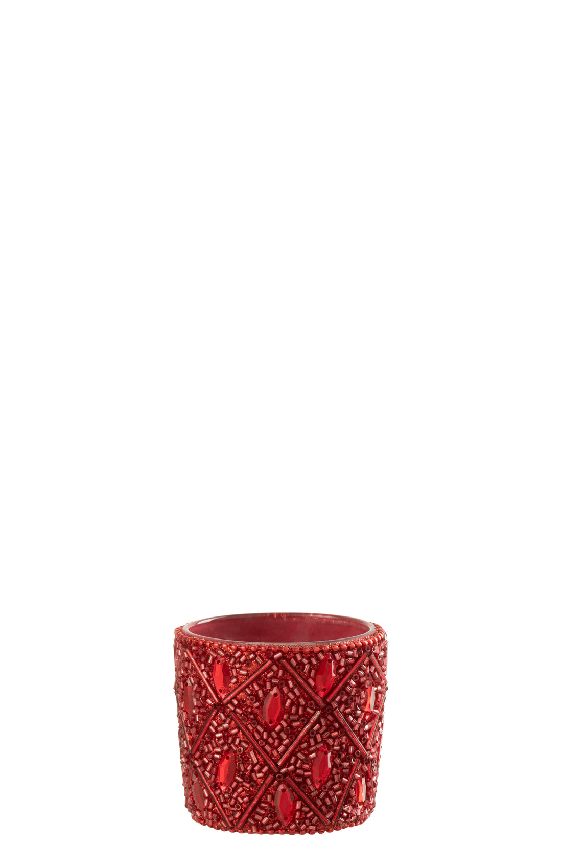 Theelichthouder Glas/Kralen Kerst Rood Klein