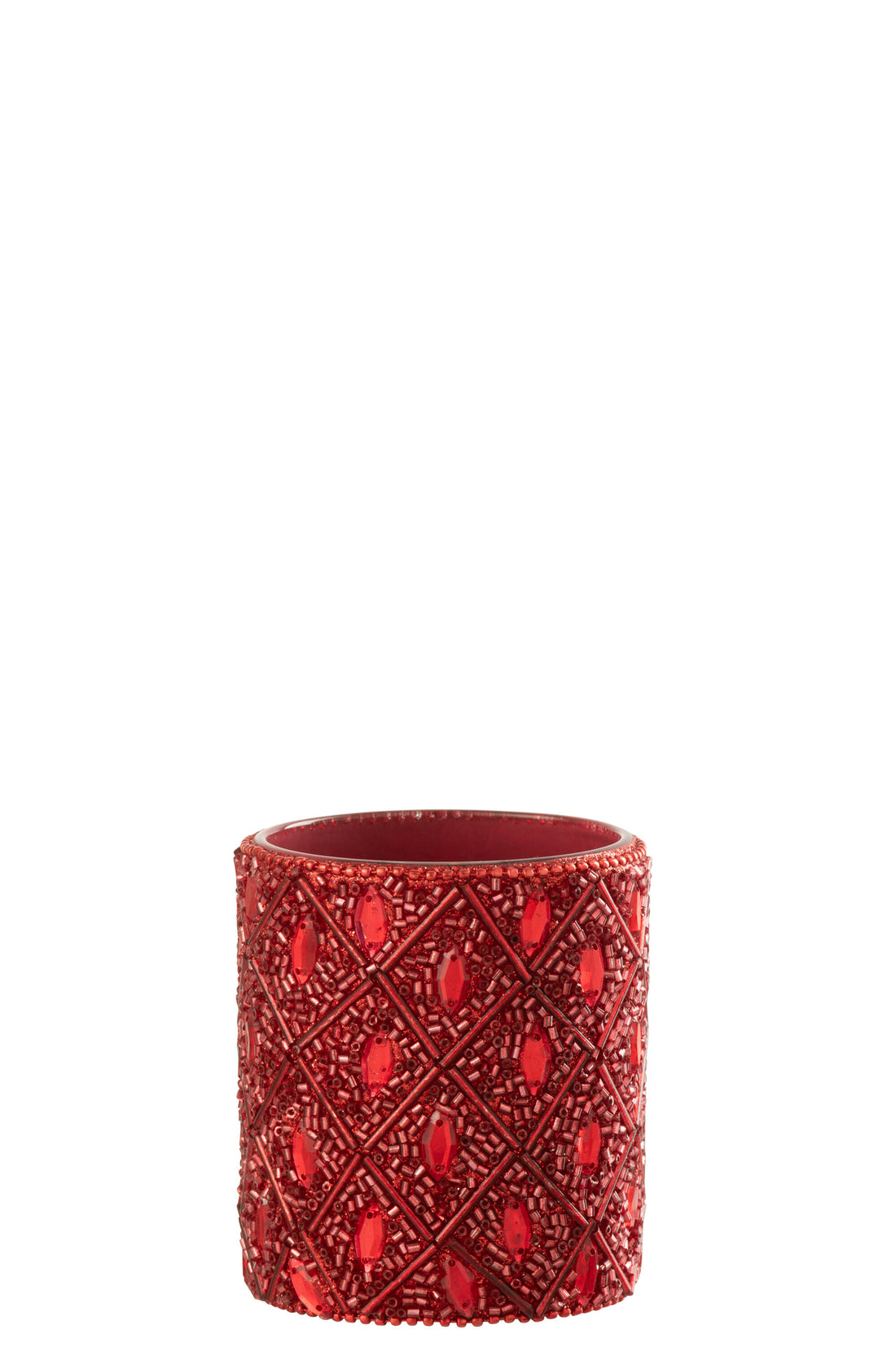 Theelichthouder Glas/Kralen Kerst Rood Groot