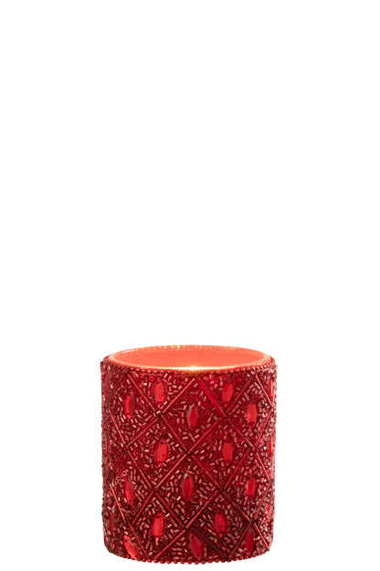 Theelichthouder Glas/Kralen Kerst Rood Groot