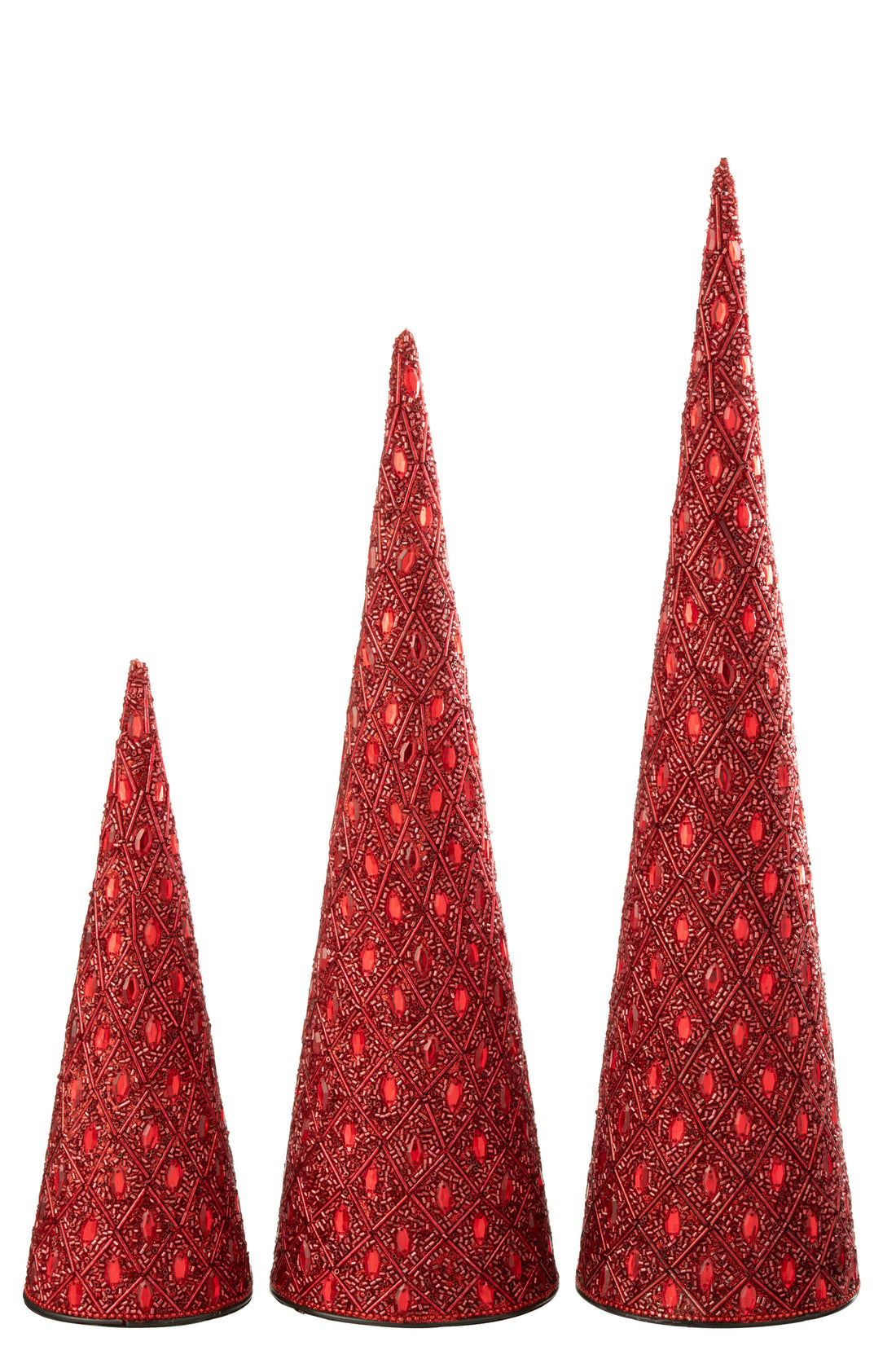 Set van 3 kegelvormige ijzeren/kralen kerstdecoratie rood