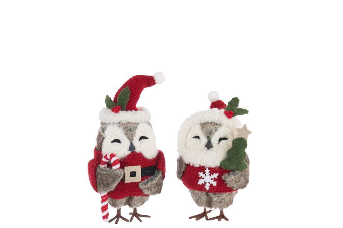 Uilen Deco Polyester Bruin/Kerst Rood Assortiment Van 2