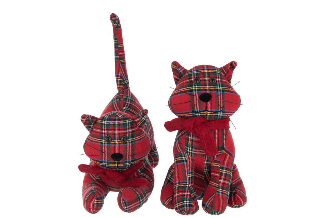 Deurstopper Kat Geruit Polyester Kerst Rood/Donkergroen Assortiment Van 2