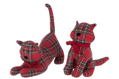 Deurstopper Kat Geruit Polyester Kerst Rood/Donkergroen Assortiment Van 2