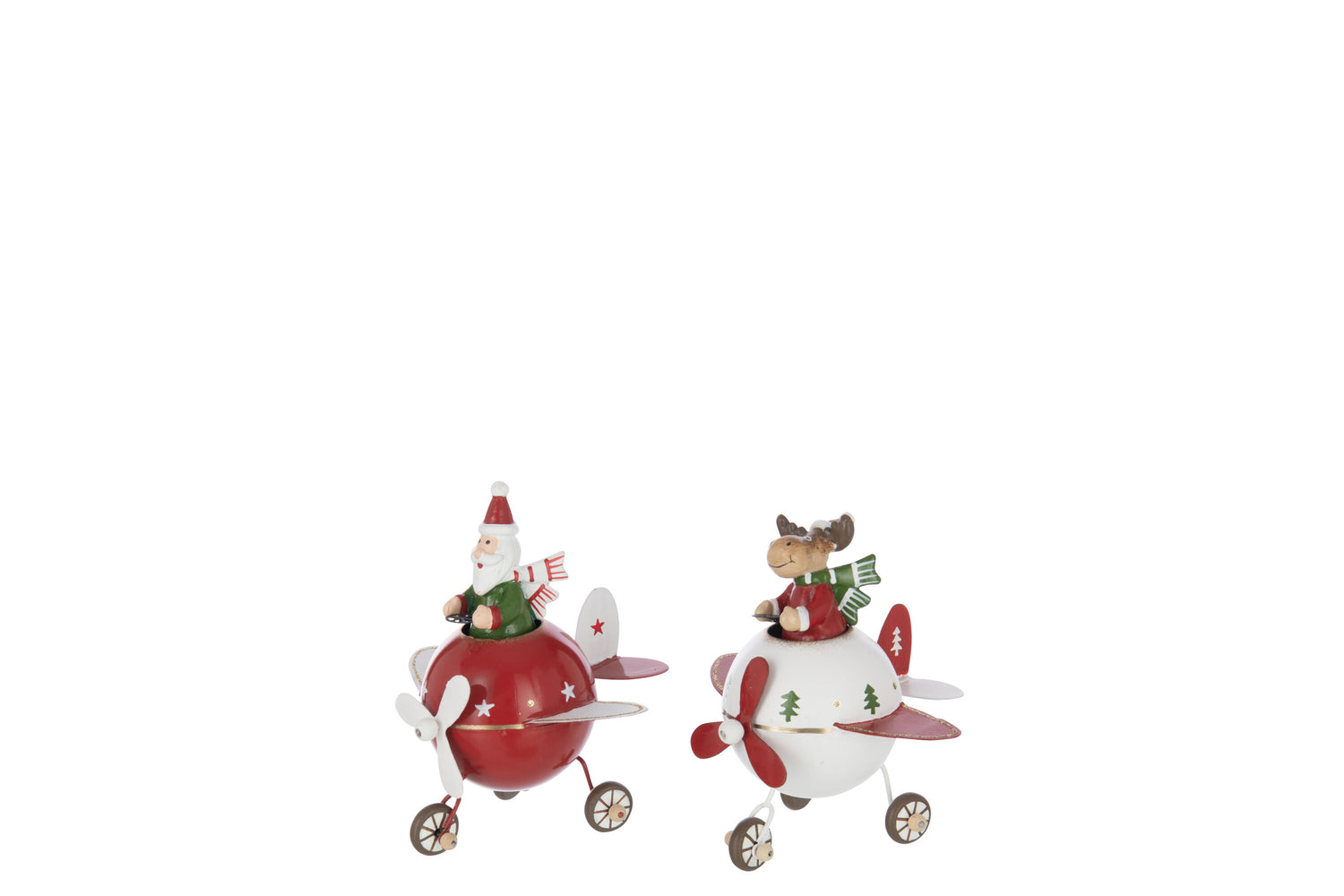Rendier + Kerstman In Vliegtuig Metaal Kerst Rood/Wit Kleine Assortiment Van 2