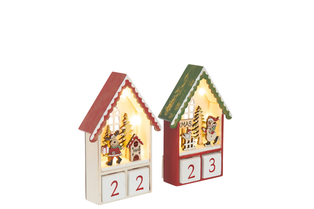 Huis Adventskalender met LED-verlichting van multiplex Kerst Rood/Donkergroen Assortiment van 2