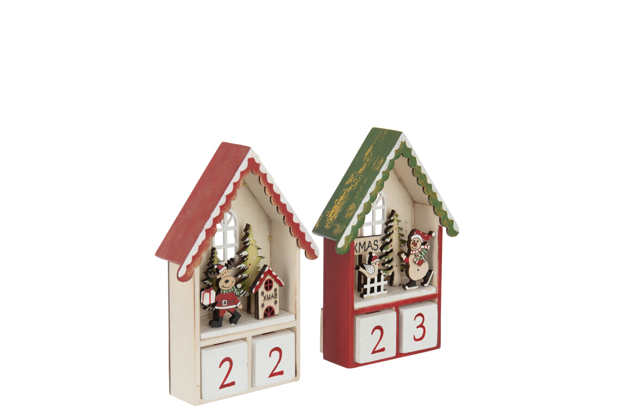 Huis Adventskalender met LED-verlichting van multiplex Kerst Rood/Donkergroen Assortiment van 2
