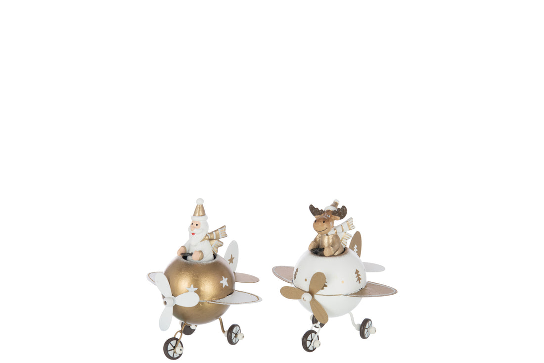 Rendier + Kerstman In Vliegtuig Metaal Wit/Goudkleurig Kleine Assortiment Van 2