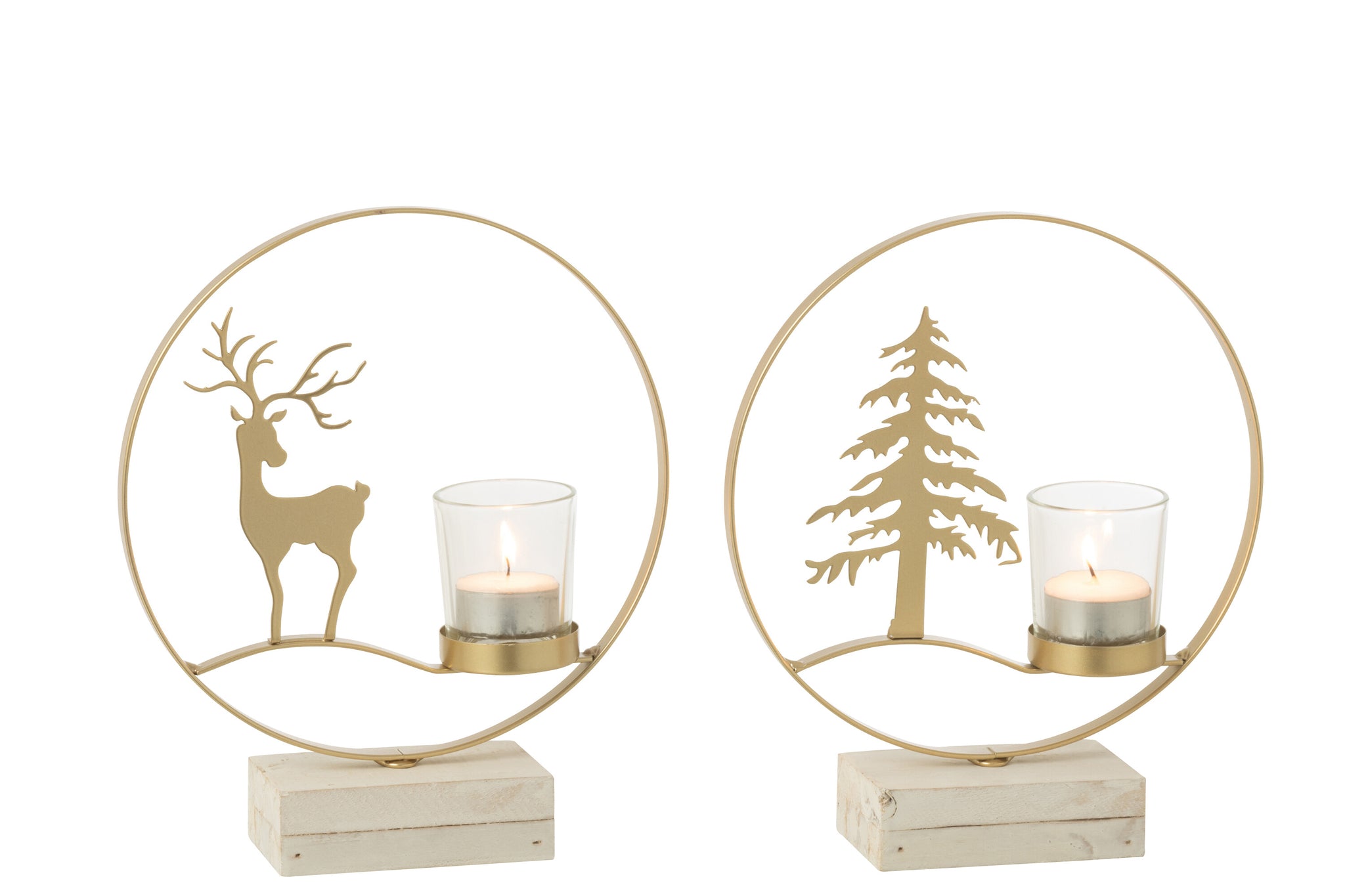 Theelichthouder Rond Rendier Hout Goudkleurig/Wit Assortiment Van 2