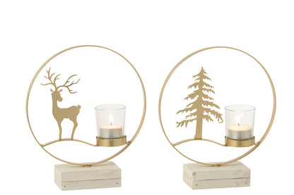 Theelichthouder Rond Rendier Hout Goudkleurig/Wit Assortiment Van 2