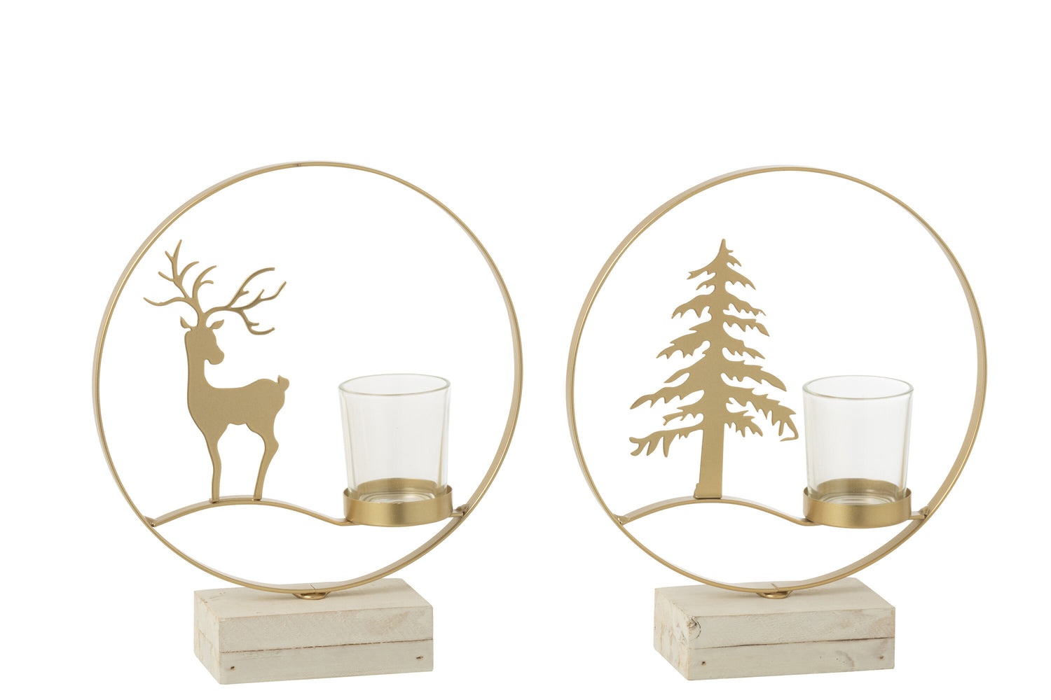 Theelichthouder Rond Rendier Hout Goudkleurig/Wit Assortiment Van 2
