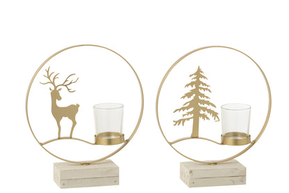 Theelichthouder Rond Rendier Hout Goudkleurig/Wit Assortiment Van 2