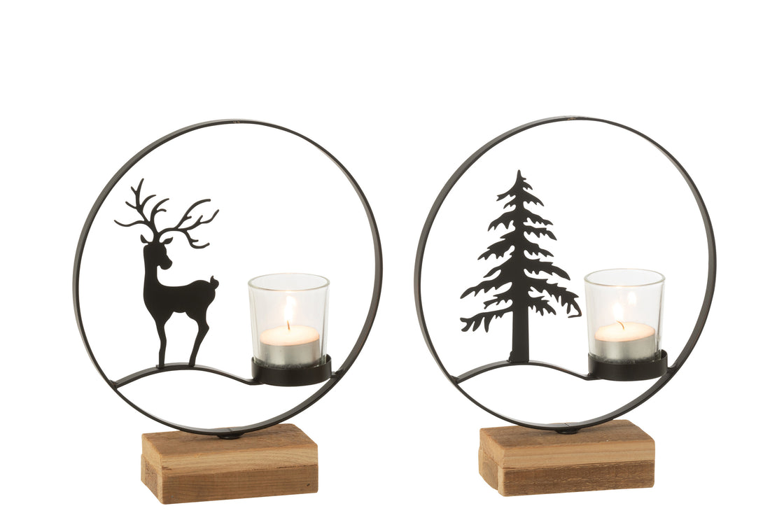 Theelichthouder Rendier Rond Hout Zwart/Natuurlijk Assortiment Van 2