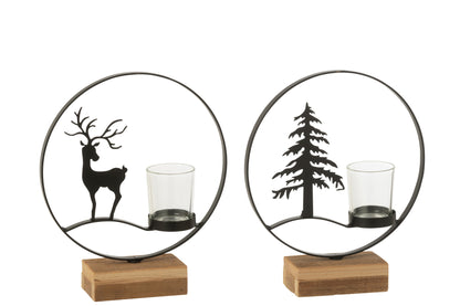 Theelichthouder Rendier Rond Hout Zwart/Natuurlijk Assortiment Van 2