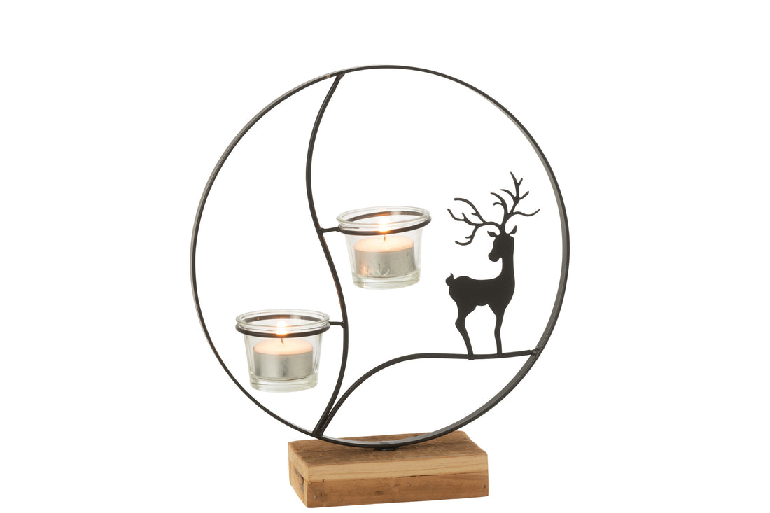 Theelichthouder Rendier Rond Hout Zwart/Natuurlijk