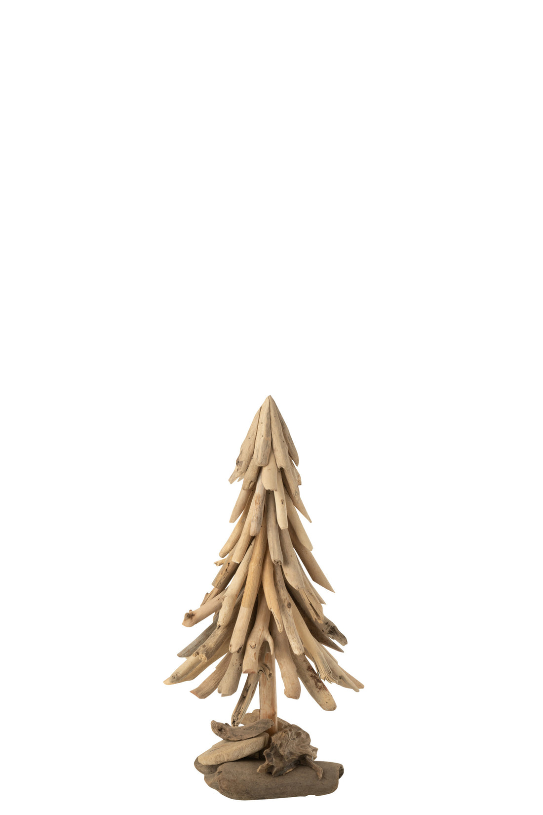 Kerstboom op houten basis stukken drijfhout natuurlijk medium