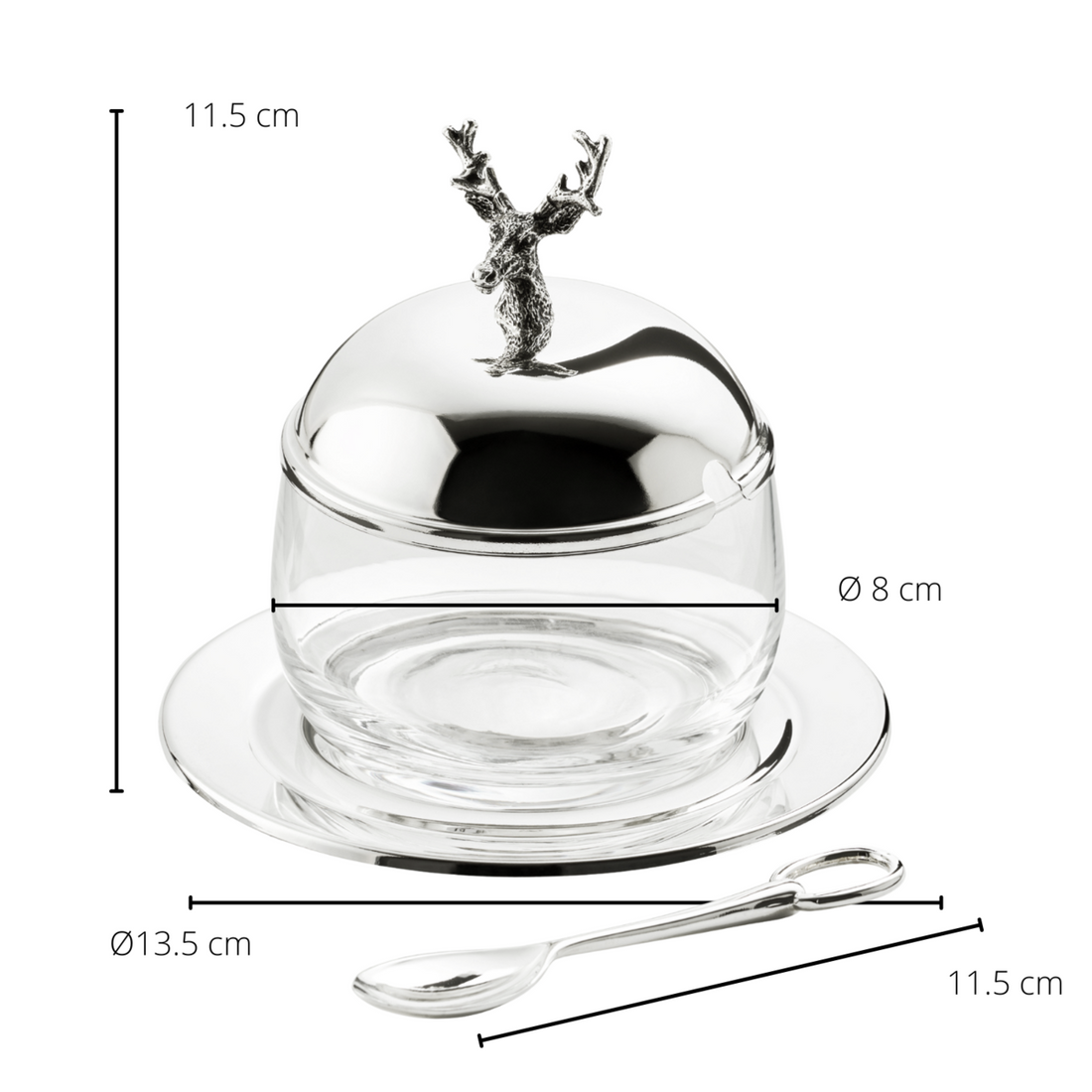 EDZARD jampot hert met schotel en lepel, verzilverd, hoogte 11 cm, ø 14 cm, ø glas 10 cm