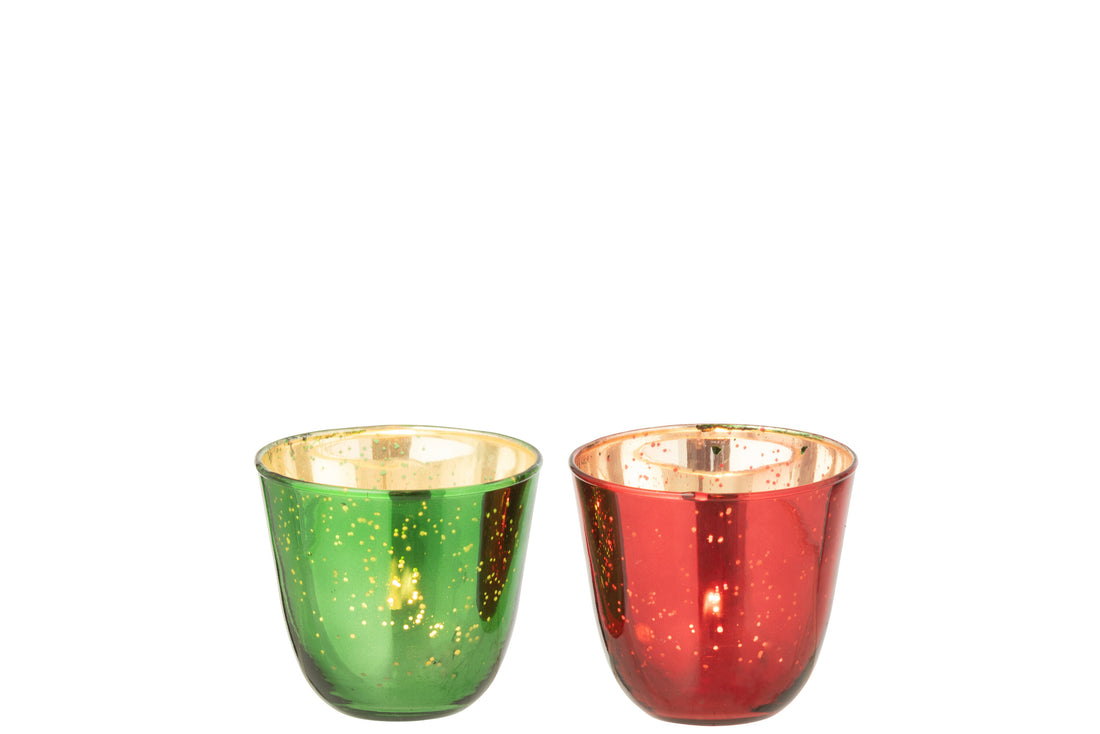 Theelichthouder Glas Rood/Groen Assortiment Van 2