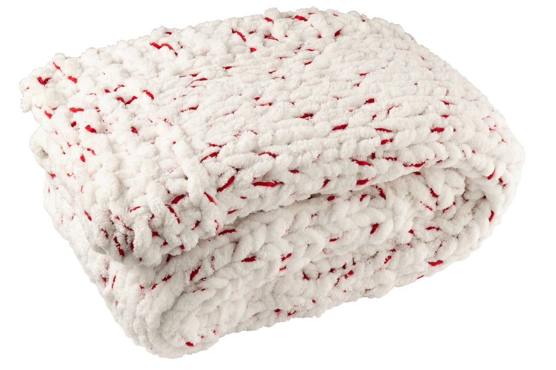Deken Gebreid Polyester Wit/Kerst Rood