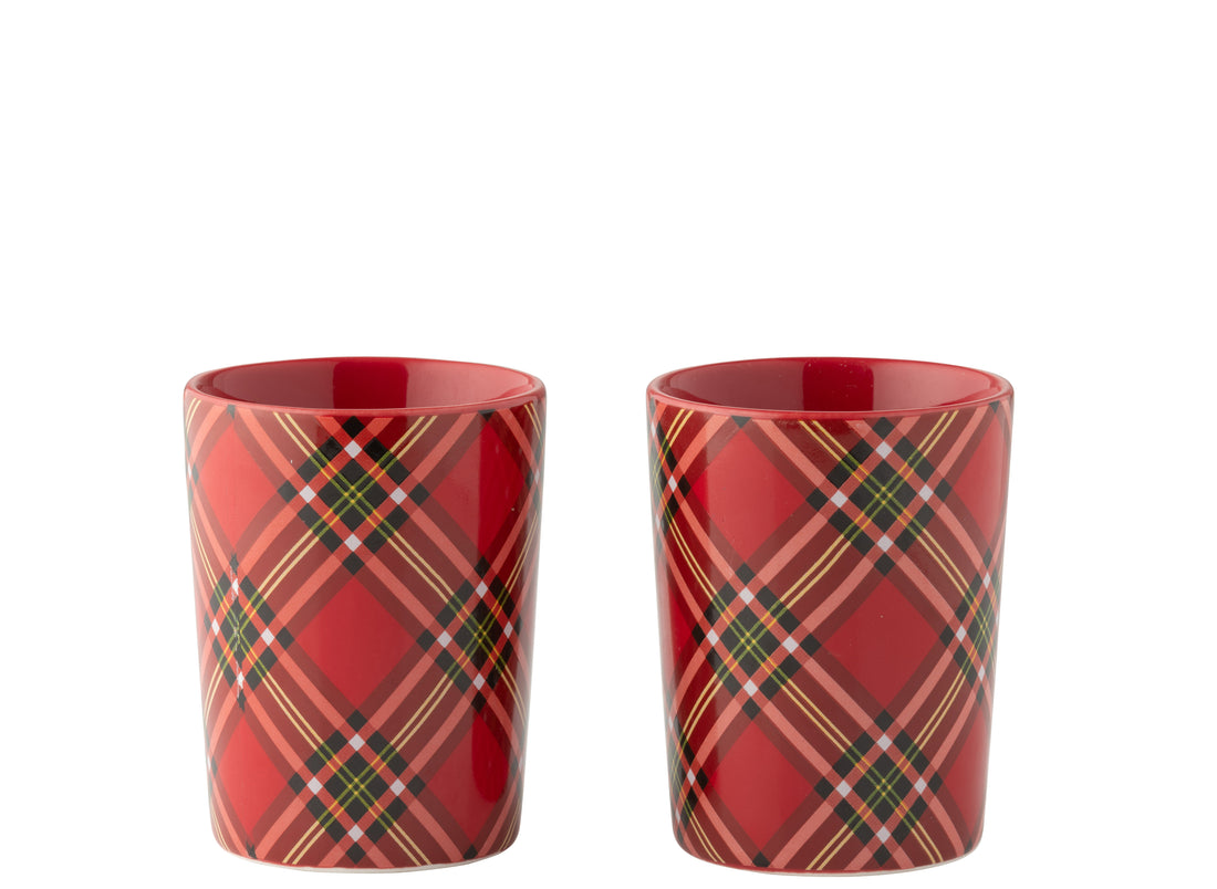 Doos met 2 bekers geruite keramiek rood