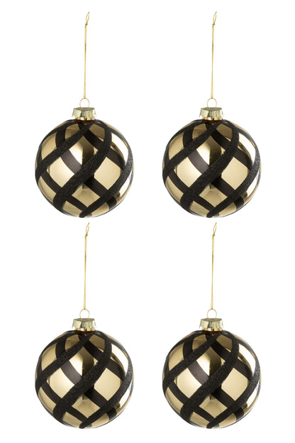 Doos van 4 kerstbal geruit glas goudkleurig/zwart