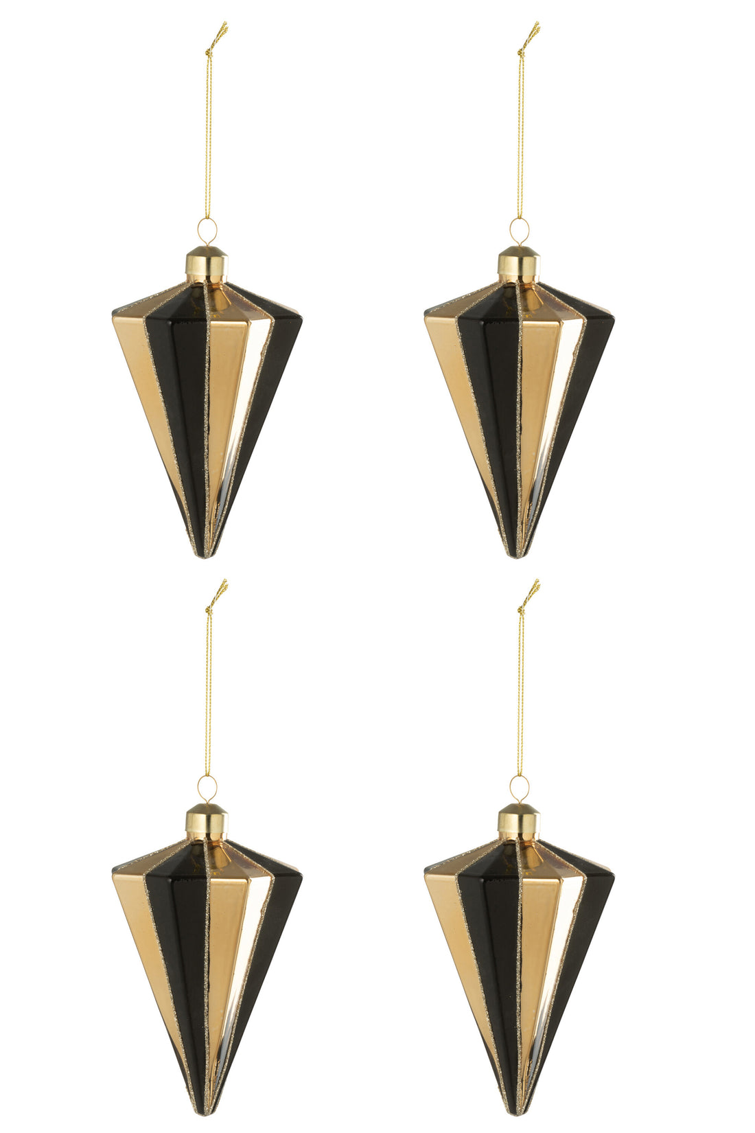 Doos van 4 kerstbal diamant gestreept glas goudkleurig/zwart