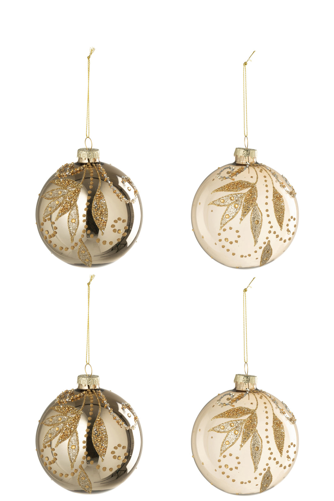 Doos met 4 kerstbalbladeren + stippen glas goudkleurig