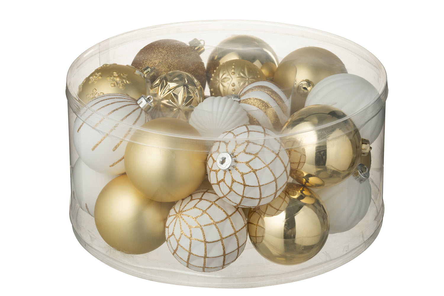 Doos van 30 kerstbal plastic wit/goudkleurig