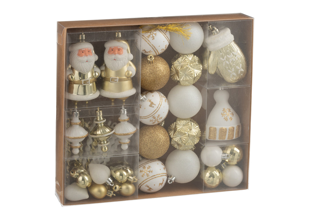 Doos met 45 kerstbal plastic wit/goudkleurig
