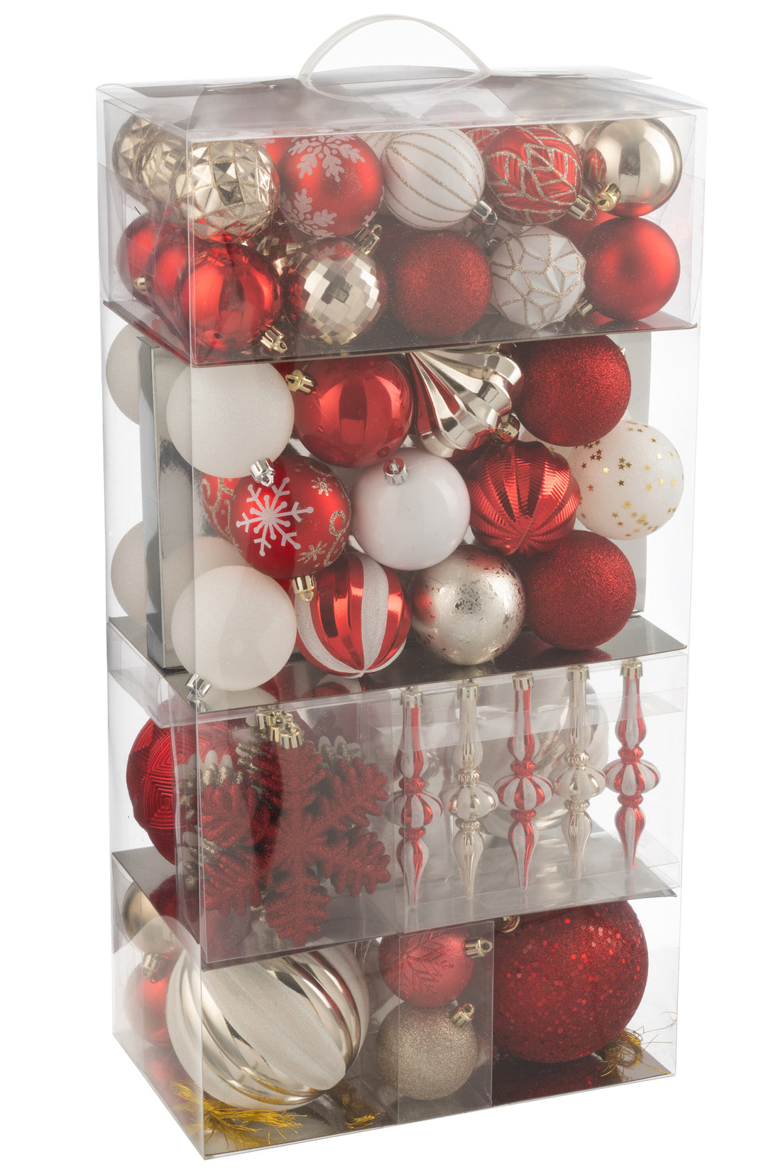 Doos met 80 kerstbal plastic kerst rood/goudkleurig