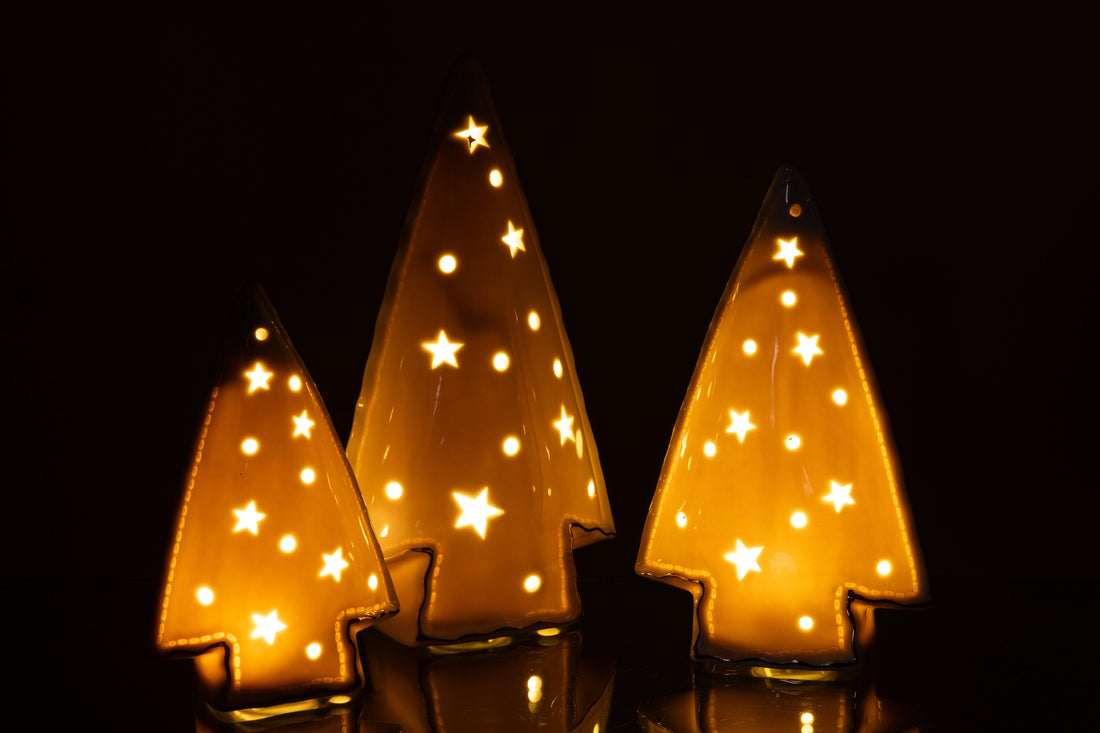 Set van 3 boom led-sterren klei wit