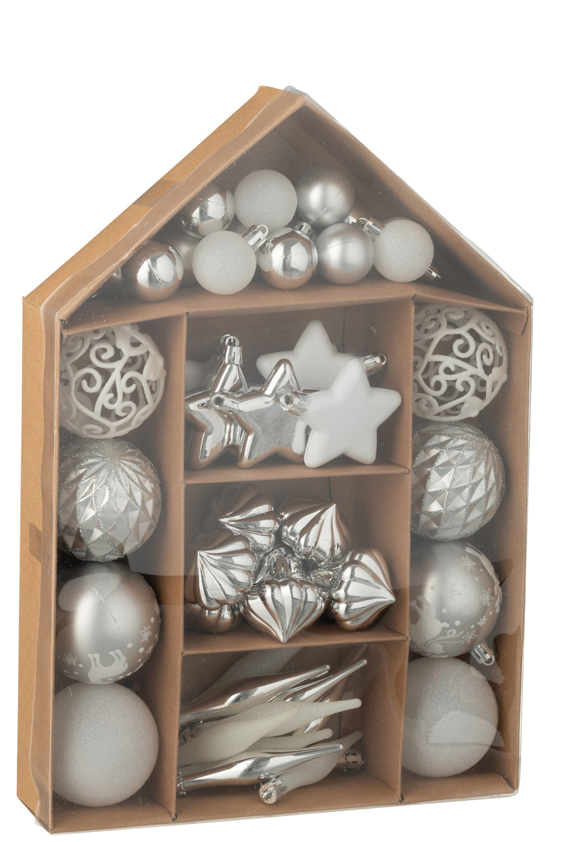 Doos van 50 kerstbal plastic zilverkleurig/wit