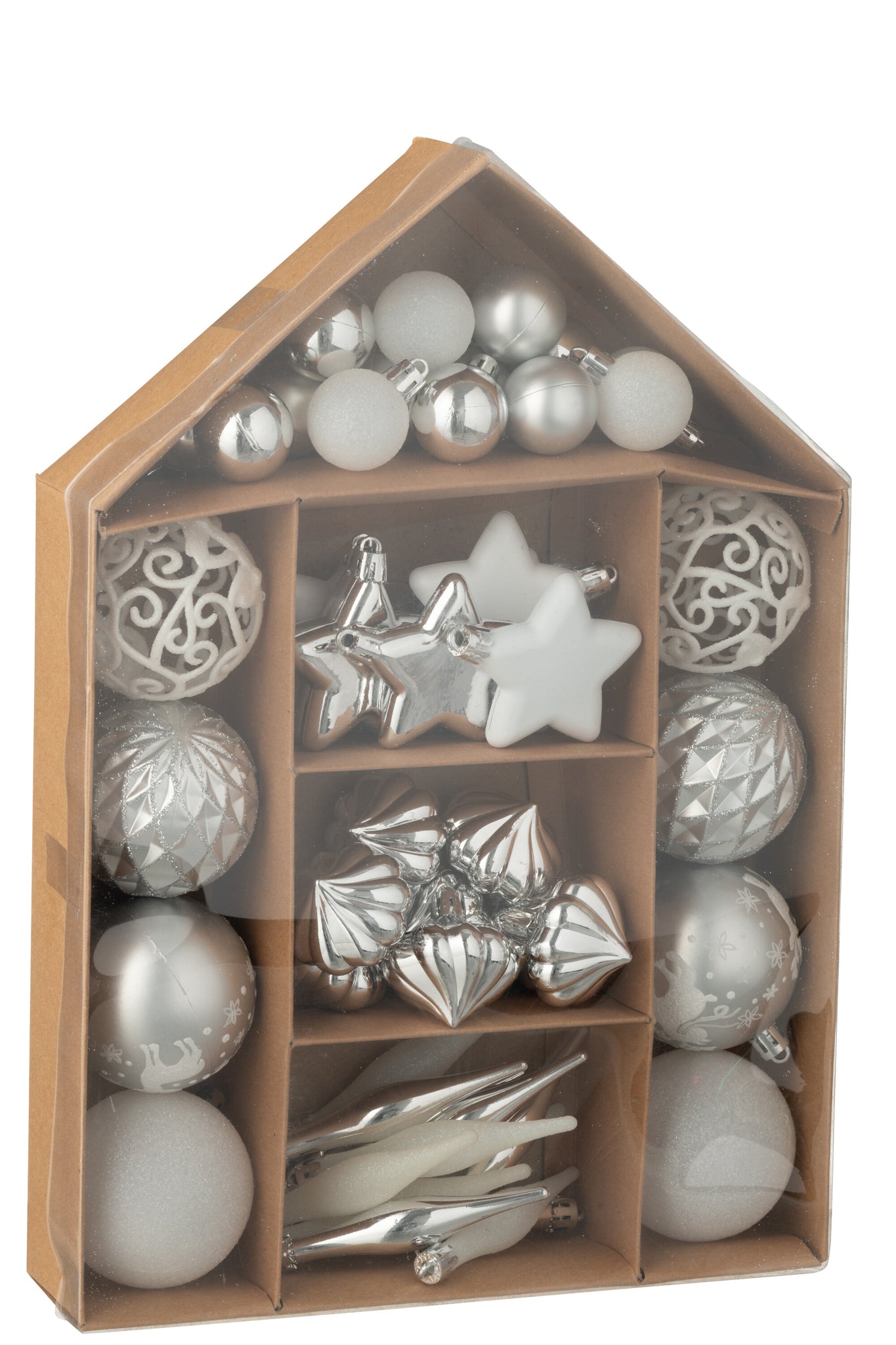 Doos van 50 kerstbal plastic zilverkleurig/wit