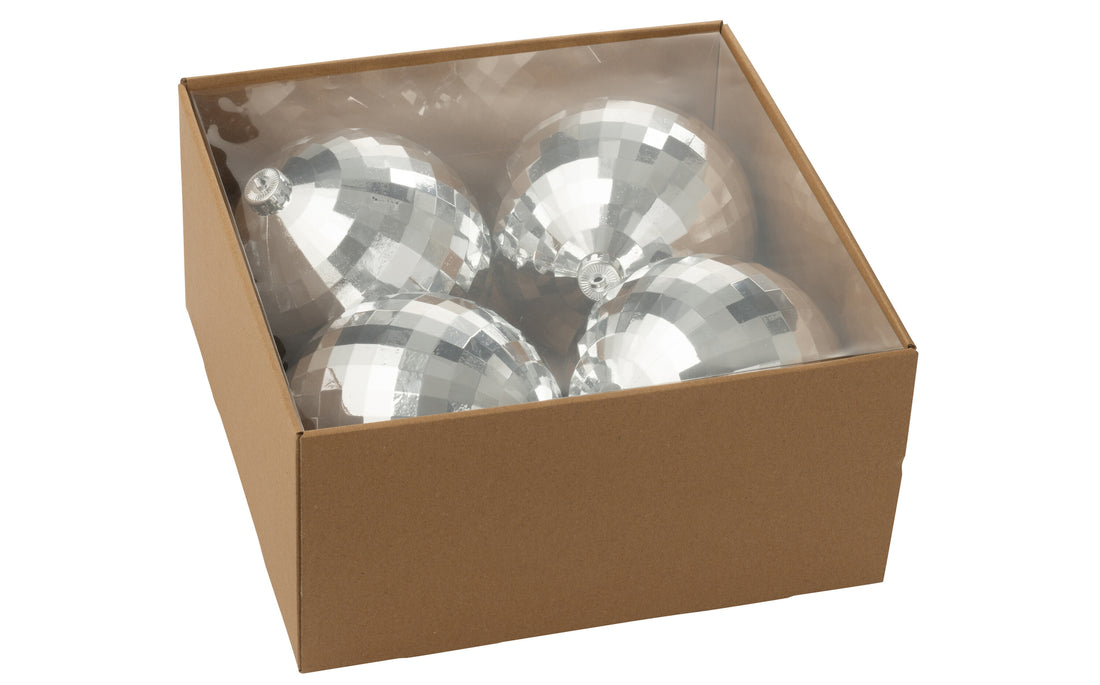 Doos van 4 kerstbal disco plastic zilverkleurig