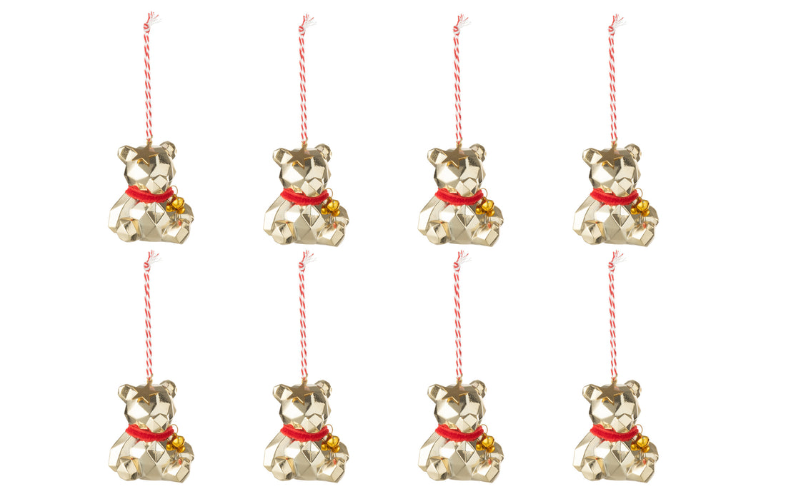 Doos van 8 hanger beer plastic goudkleurig/kerst rood