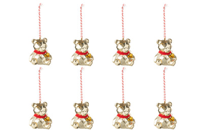 Doos van 8 hanger beer plastic goudkleurig/kerst rood