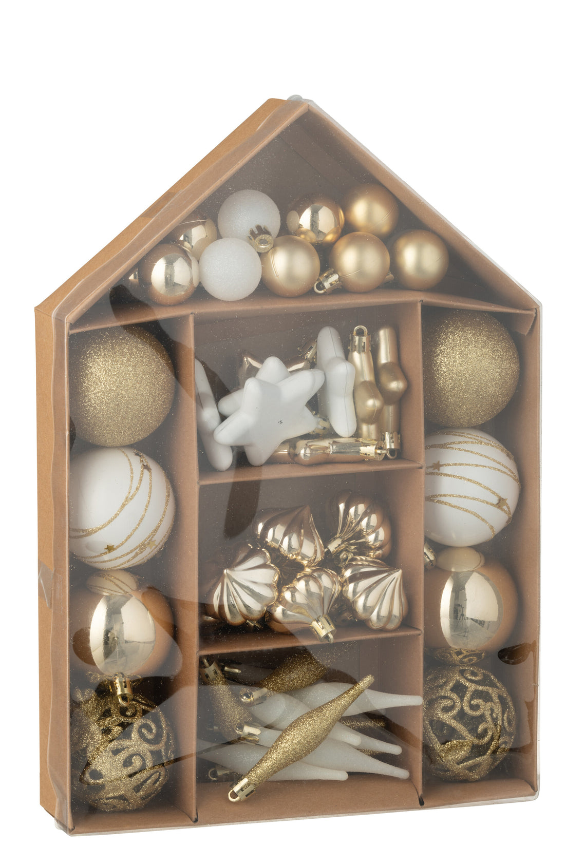 Doos van 50 kerstbal plastic goudkleurig/wit
