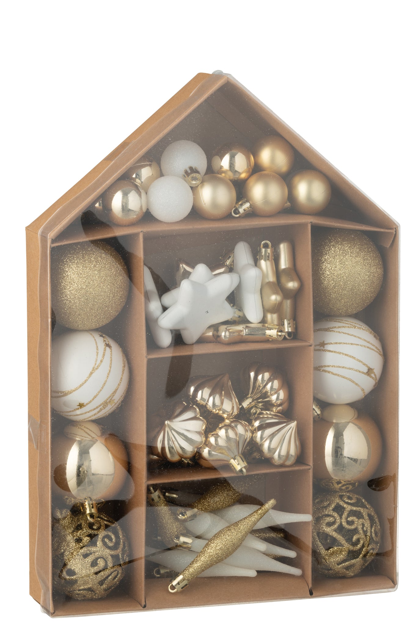 Doos van 50 kerstbal plastic goudkleurig/wit