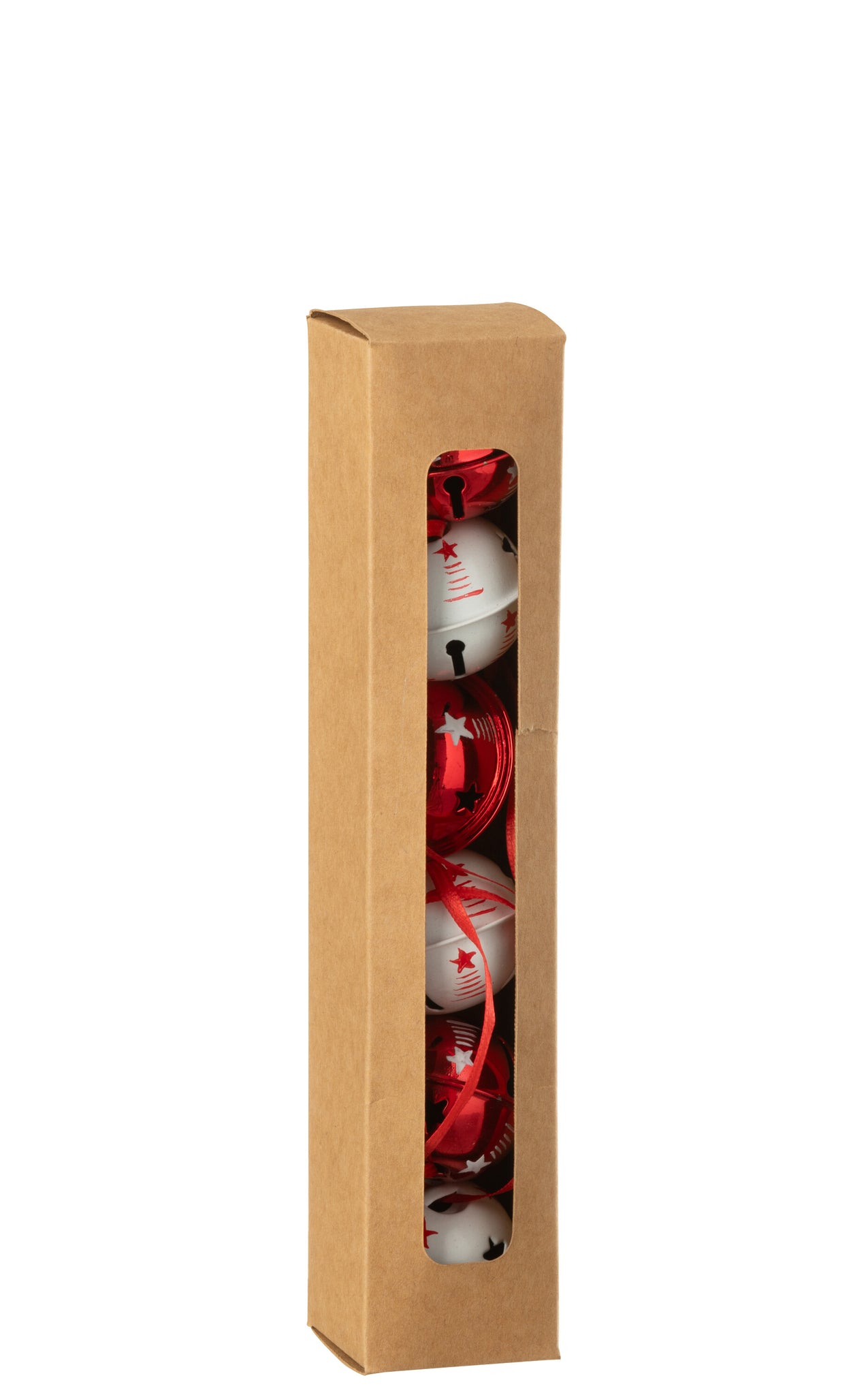 Doos van 6 hangerbel plastic kerst rood/wit