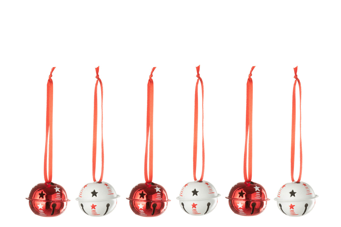 Doos van 6 hangerbel plastic kerst rood/wit